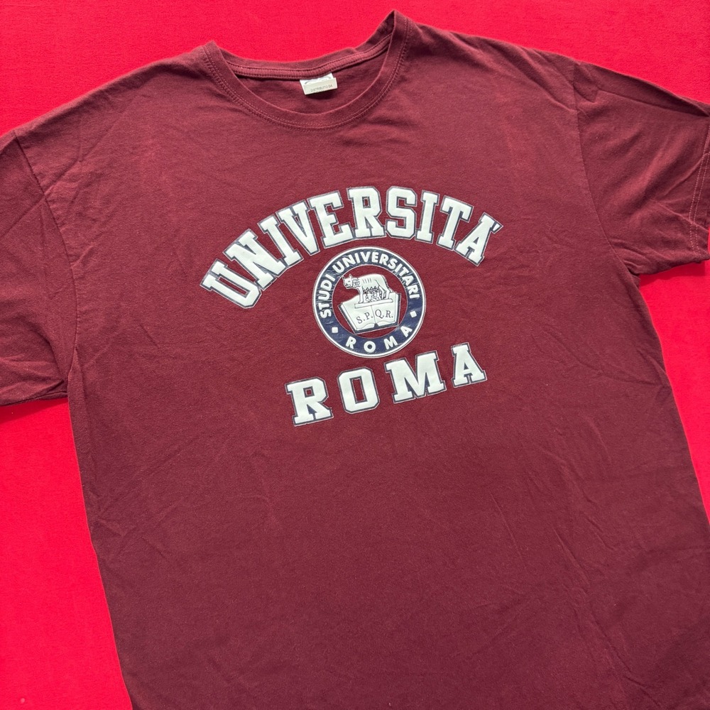 VINTAGE STYLE Infinity Universita Roma T-Shirt‎ Mens XXL Burgundy Maroon Graphic